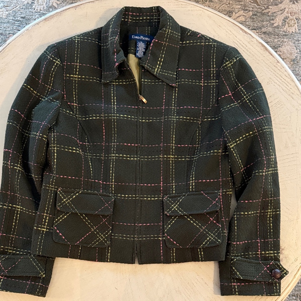 Evan Picone Dark Green Plaid Zip-Front Tweed Jacket - 12
